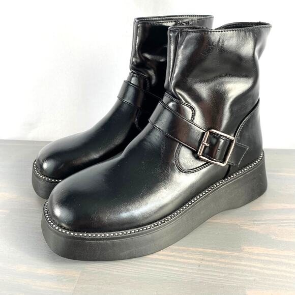 Steve Madden 90s Y2K Platform Boots Women Size 5 Black Square Toe Rhinestone NEW - Picture 1 of 11